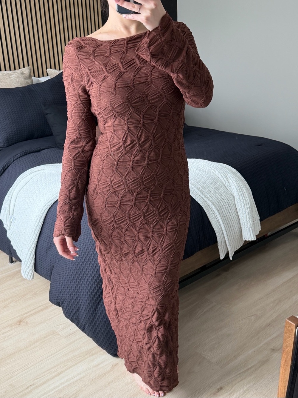 Long Sleeve Textured Knit Maxi Dress in Cocoa